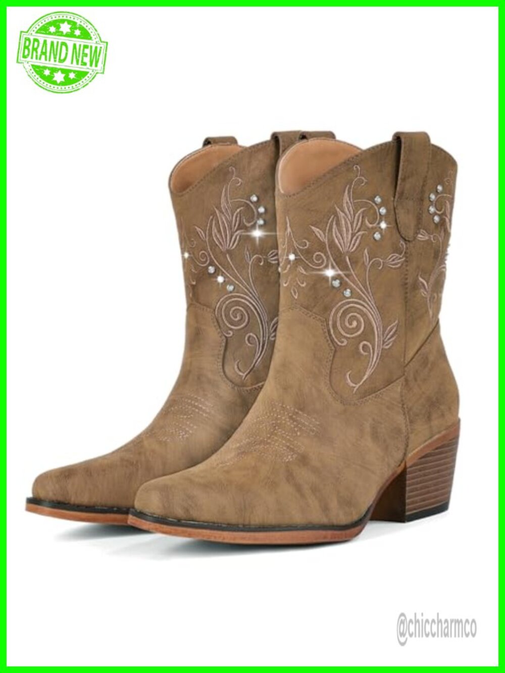 Western Ankle Cowboy Boots Pointed Toe Block Heel Faux Leather